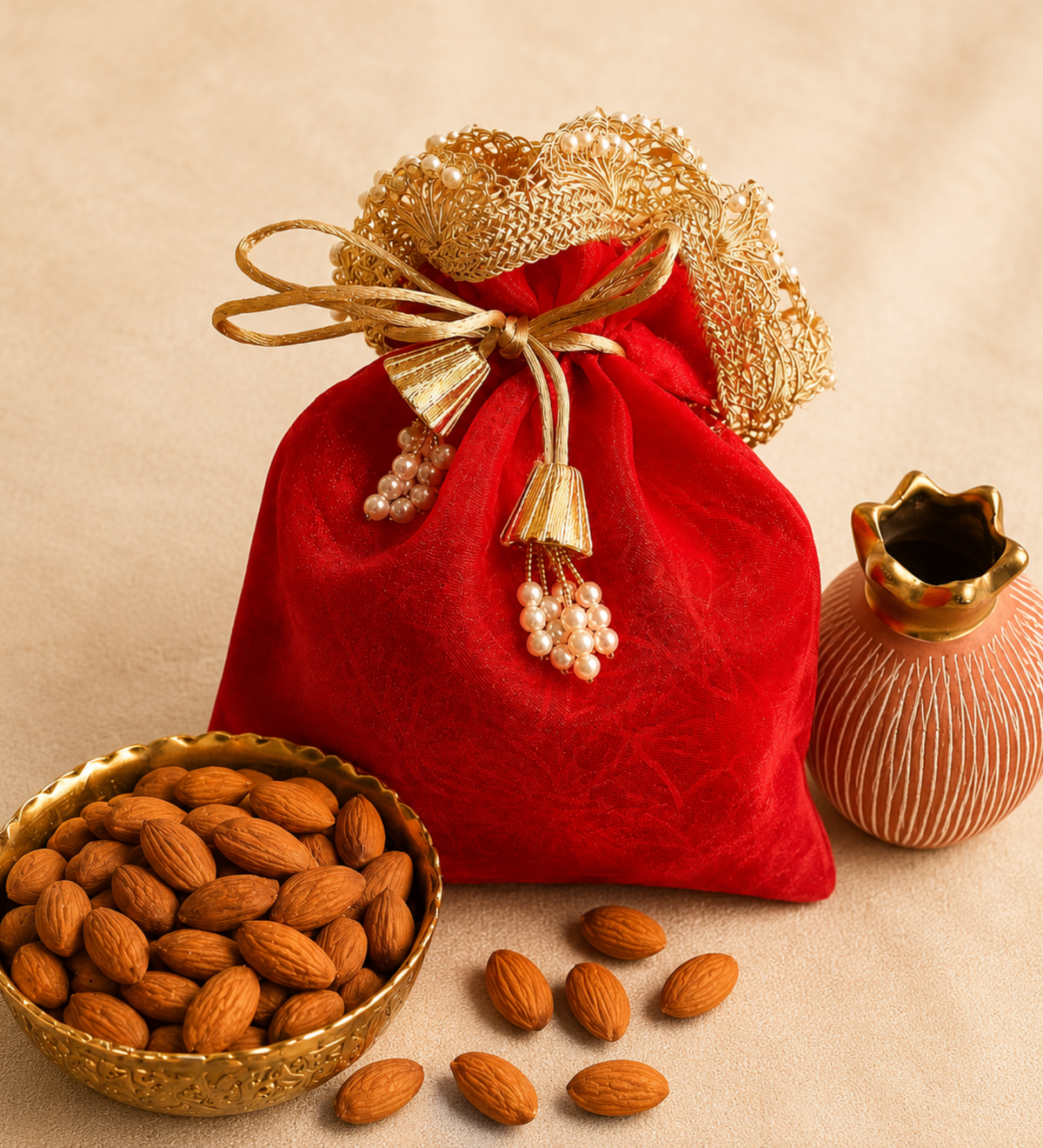 Rangoli Pink & Festive Potli Gift Basket | Shubh Labh & Almonds Diwali Hamper