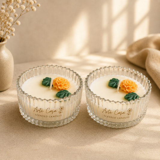 Meadow Duo Yellow & Green Glass Candle Set | Mini Genda Flower Scented Candles - https://artecasa.in/