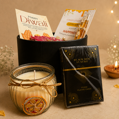 Midnight Royale Playing Cards Gift Box | Diwali Gift Hamper with Matka Candle