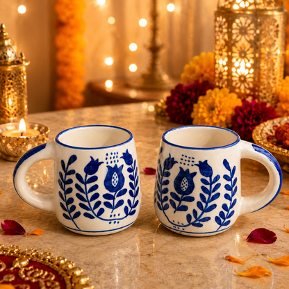 Ocean Bloom Blue Ceramic Mug Set of 2 | Elegant Blue Coffee Mugs
