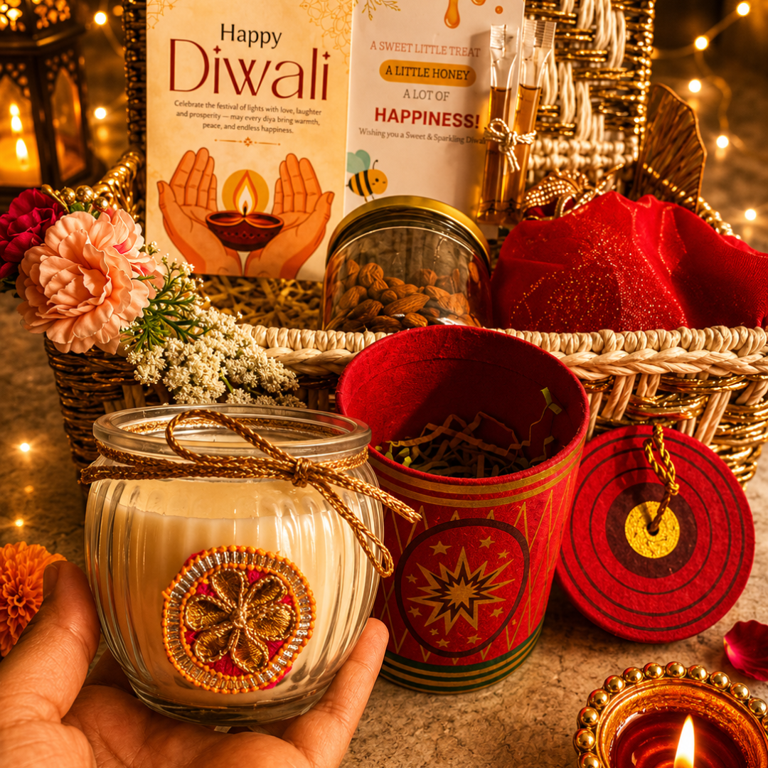Ruby Glow Golden & White Festive Gift Basket | Diwali Hamper with Dry Fruits & Candle