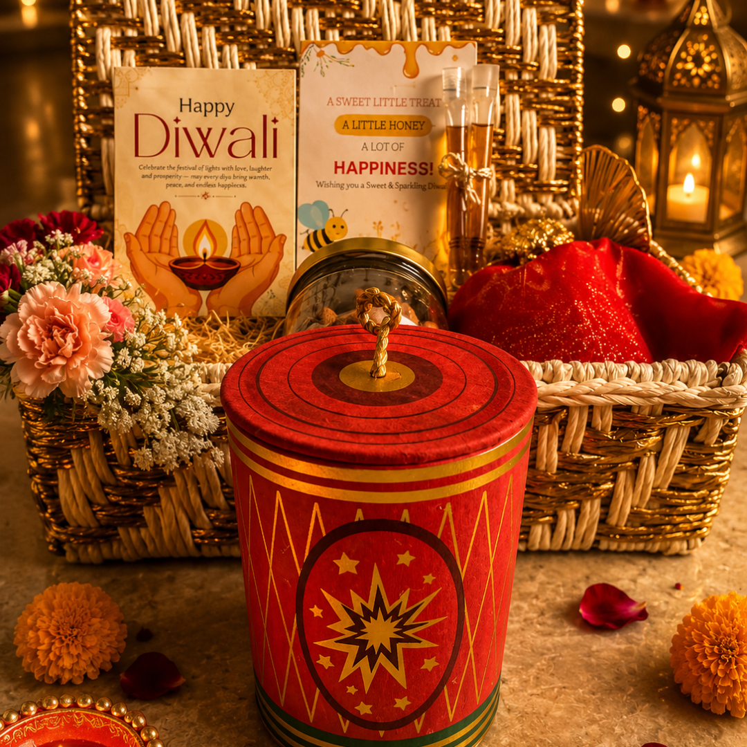 Ruby Glow Golden & White Festive Gift Basket | Diwali Hamper with Dry Fruits & Candle