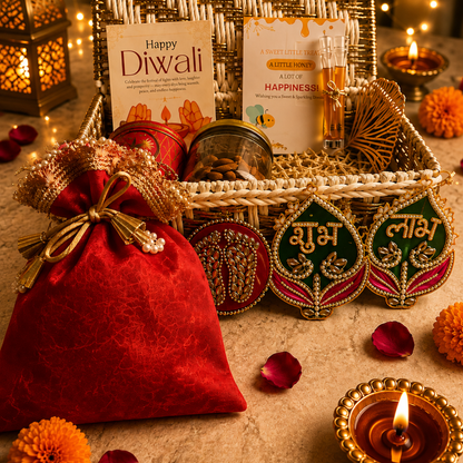 Ruby Glow Golden & White Festive Gift Basket | Diwali Hamper with Dry Fruits & Candle