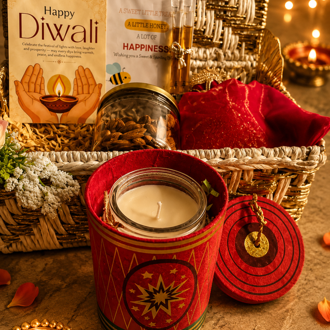Ruby Glow Golden & White Festive Gift Basket | Diwali Hamper with Dry Fruits & Candle