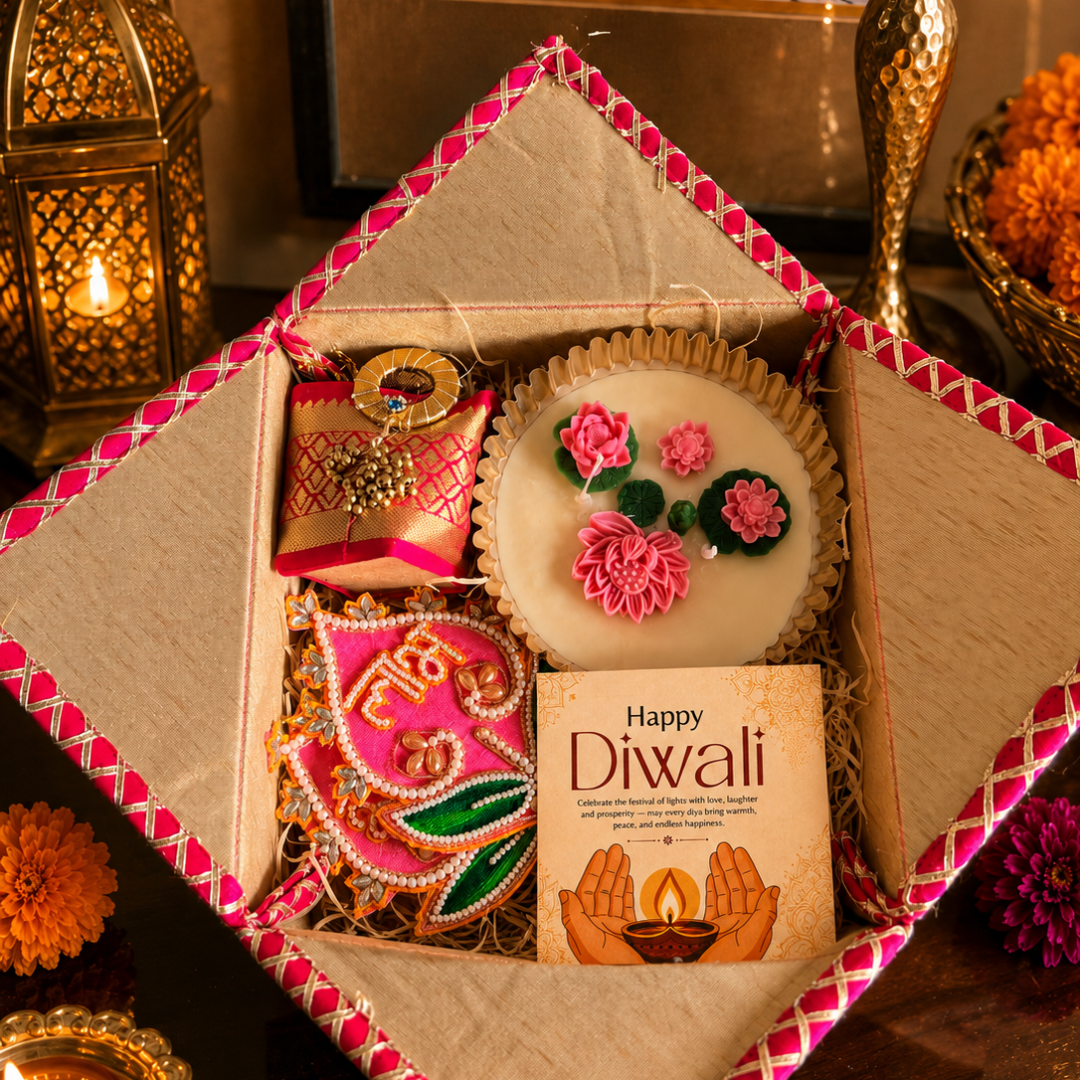 Shubh Labh Pink Celebration Gift Box | Urli Candle, Almonds & Diwali Hamper