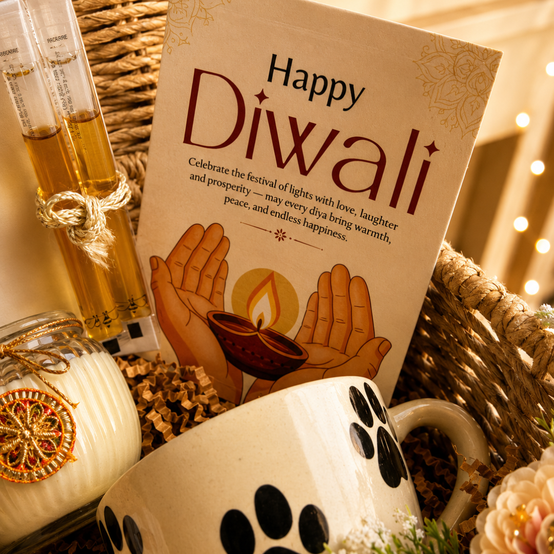 Paws & Panda Festive Mug Gift Hamper | Dog & Panda Mugs with Diwali Candle