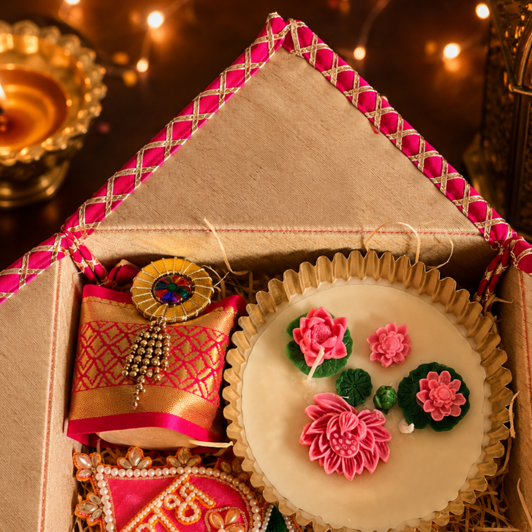 Shubh Labh Pink Celebration Gift Box | Urli Candle, Almonds & Diwali Hamper