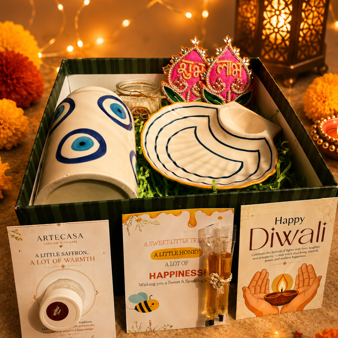 Emerald Nazar Luxe Gift Box | Evil Eye, Seashell Platter & Diwali Candle Hamper