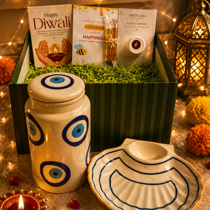 Emerald Nazar Luxe Gift Box | Evil Eye, Seashell Platter & Diwali Candle Hamper