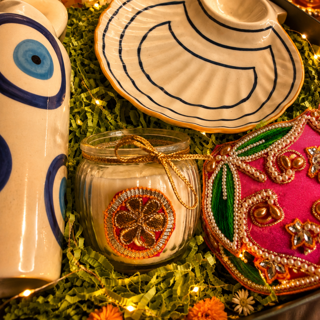 Emerald Nazar Luxe Gift Box | Evil Eye, Seashell Platter & Diwali Candle Hamper