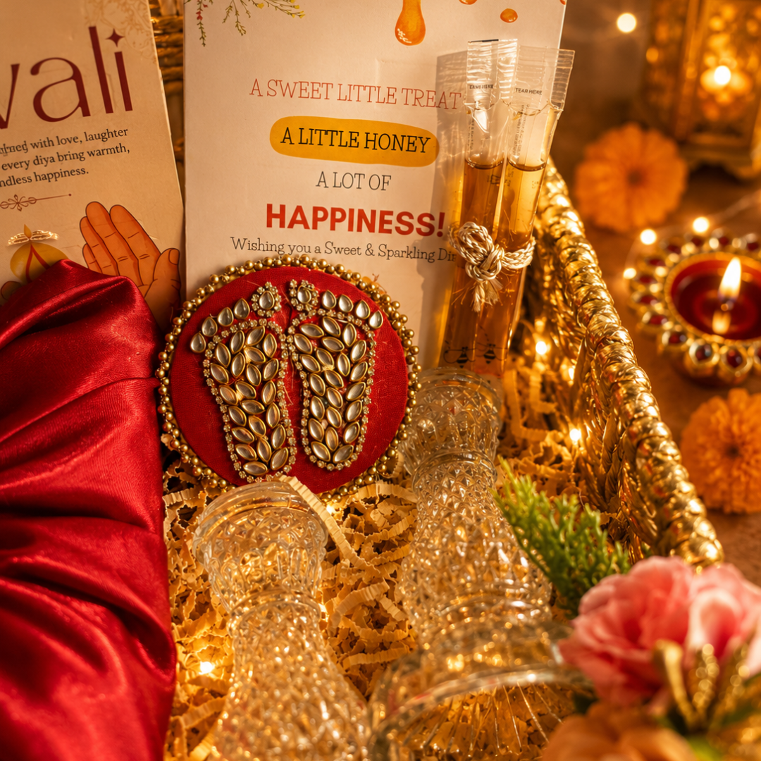 Shubh Aarambh Golden & White Festive Gift Basket | German Silver Shubh Labh & Candle