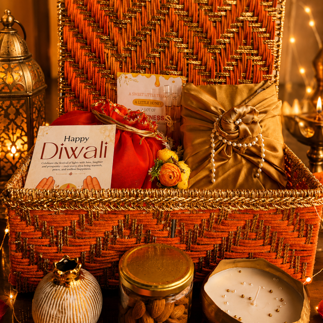 Rang Utsav Grand Orange Diwali Gift Basket | Shubh Labh, Almonds & Festive Décor