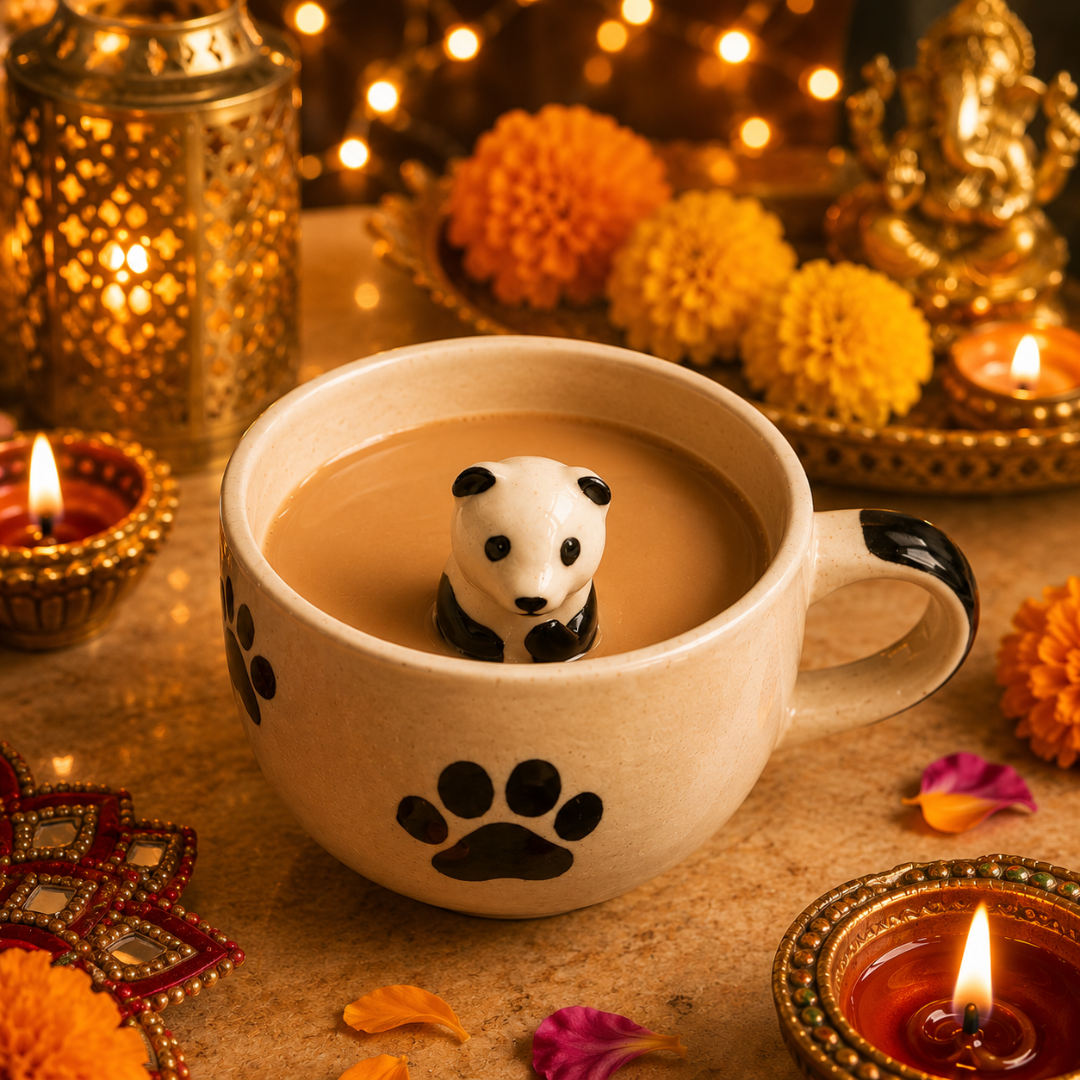 Paws & Panda Festive Mug Gift Hamper | Dog & Panda Mugs with Diwali Candle