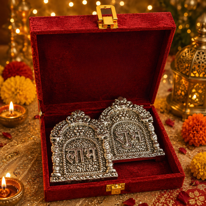 Shubh Aarambh Golden & White Festive Gift Basket | German Silver Shubh Labh & Candle