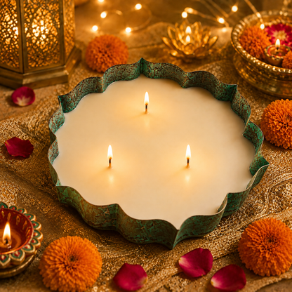 Emerald Heritage Large Metal Urli Candle | Rustic Soy Wax Candle