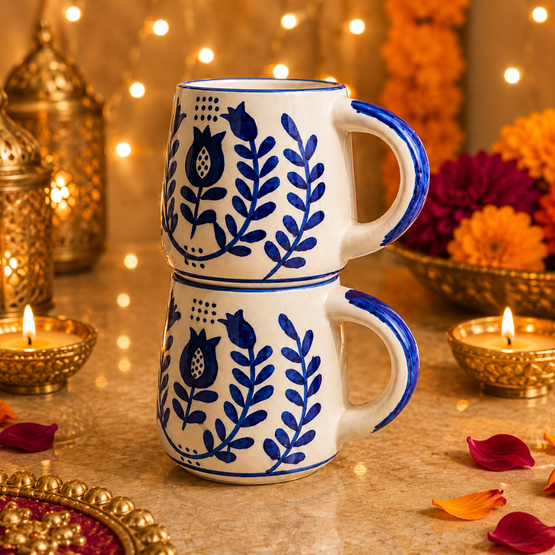 Ocean Bloom Blue Ceramic Mug Set of 2 | Elegant Blue Coffee Mugs