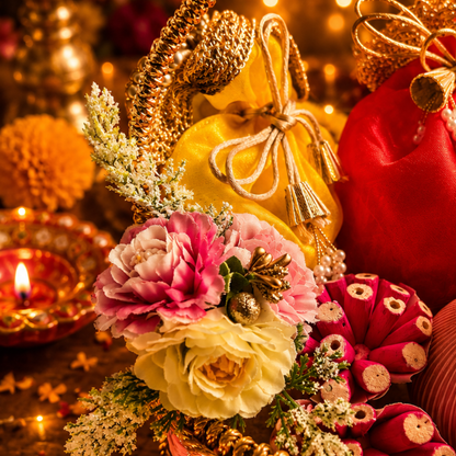 Rangoli Pink & Festive Potli Gift Basket | Shubh Labh & Almonds Diwali Hamper