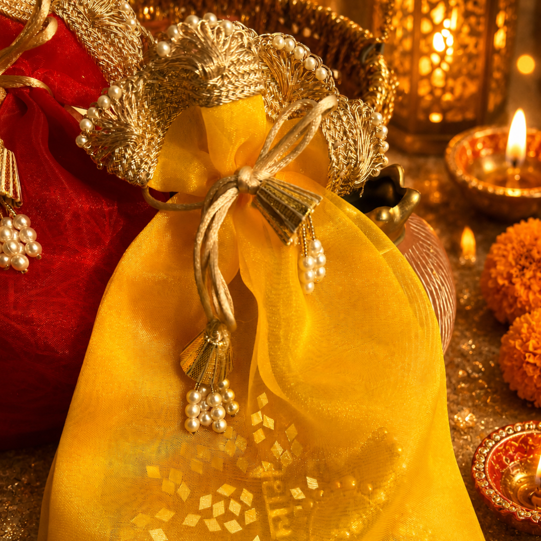 Rangoli Pink & Festive Potli Gift Basket | Shubh Labh & Almonds Diwali Hamper