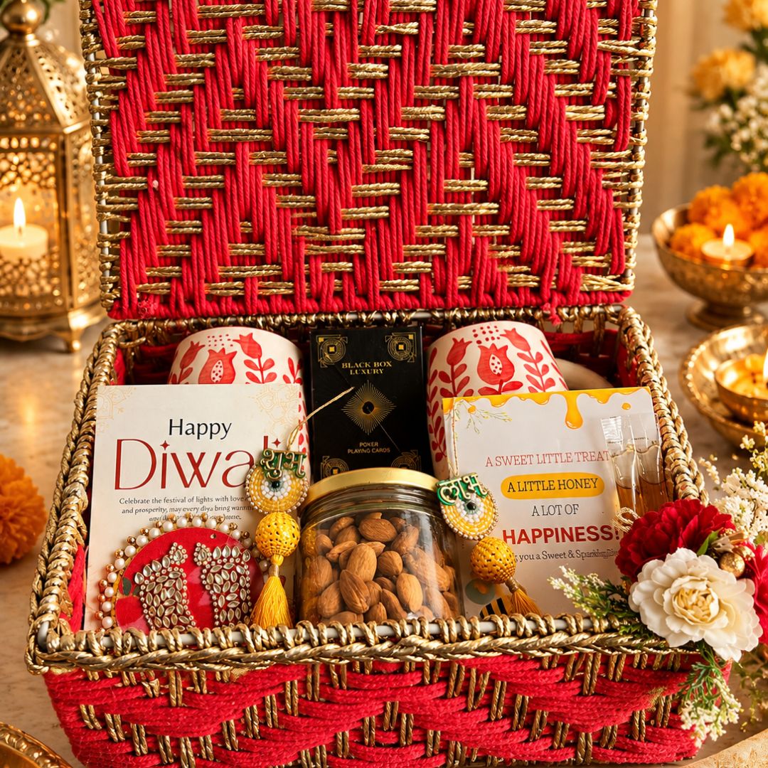 Handcrafted Red & Gold Diwali Gift Hamper Basket with Lid