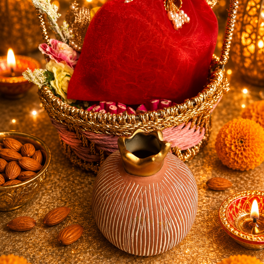 Rangoli Pink & Festive Potli Gift Basket | Shubh Labh & Almonds Diwali Hamper