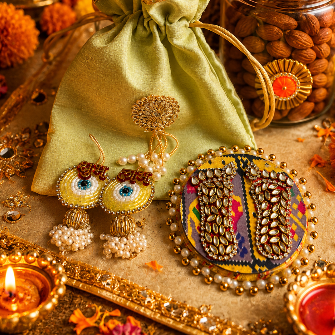 Rangoli Multicolor Jute Gift Basket | Mata Laxmi Charan, Shubh Labh & Candle