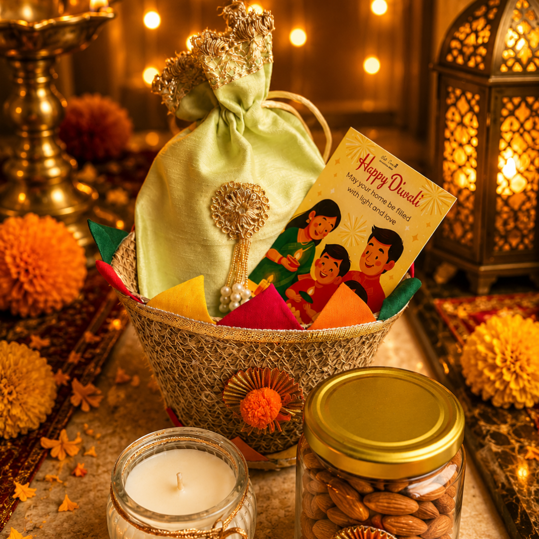 Rangoli Multicolor Jute Gift Basket | Mata Laxmi Charan, Shubh Labh & Candle
