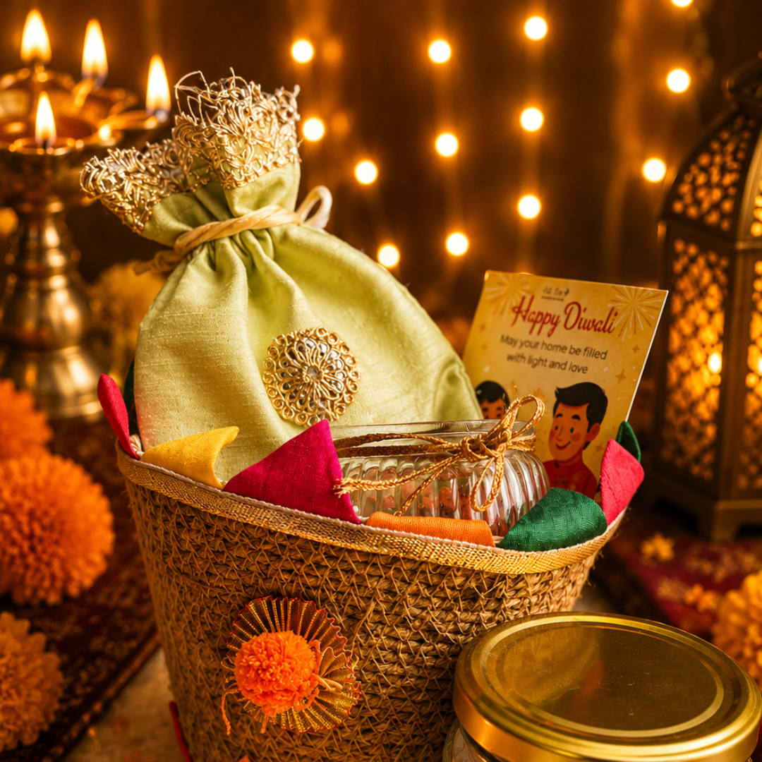 Rangoli Multicolor Jute Gift Basket | Mata Laxmi Charan, Shubh Labh & Candle