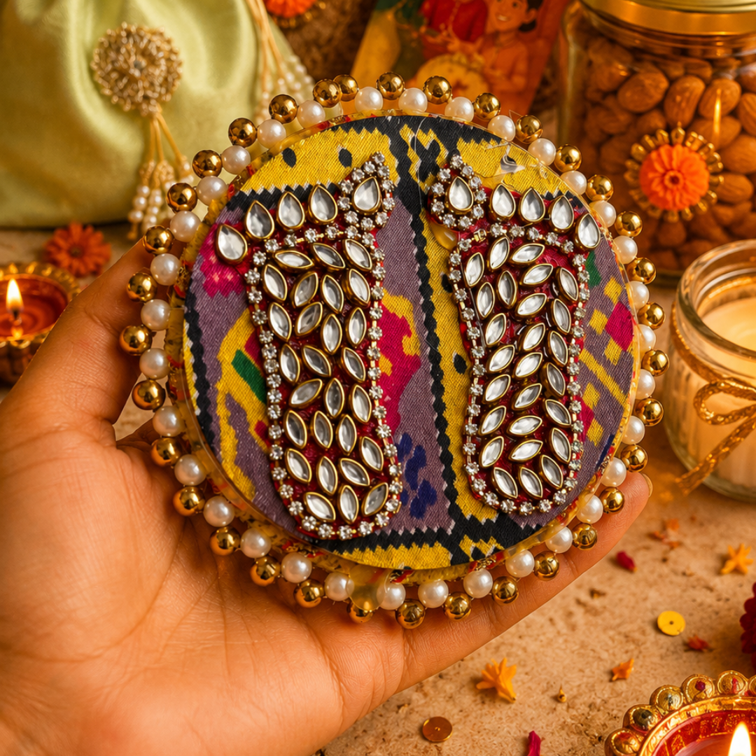 Rangoli Multicolor Jute Gift Basket | Mata Laxmi Charan, Shubh Labh & Candle
