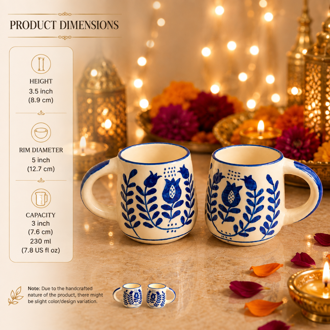 Ocean Bloom Blue Ceramic Mug Set of 2 | Elegant Blue Coffee Mugs
