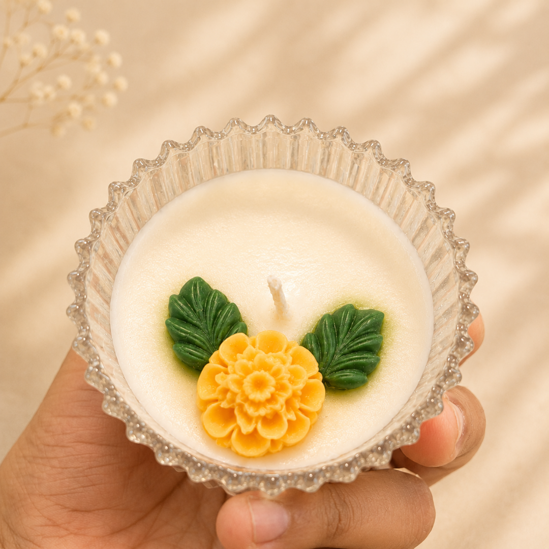 Meadow Duo Yellow & Green Glass Candle Set | Mini Genda Flower Scented Candles