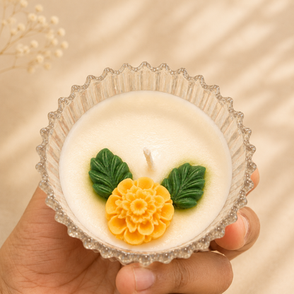 Meadow Duo Yellow & Green Glass Candle Set | Mini Genda Flower Scented Candles