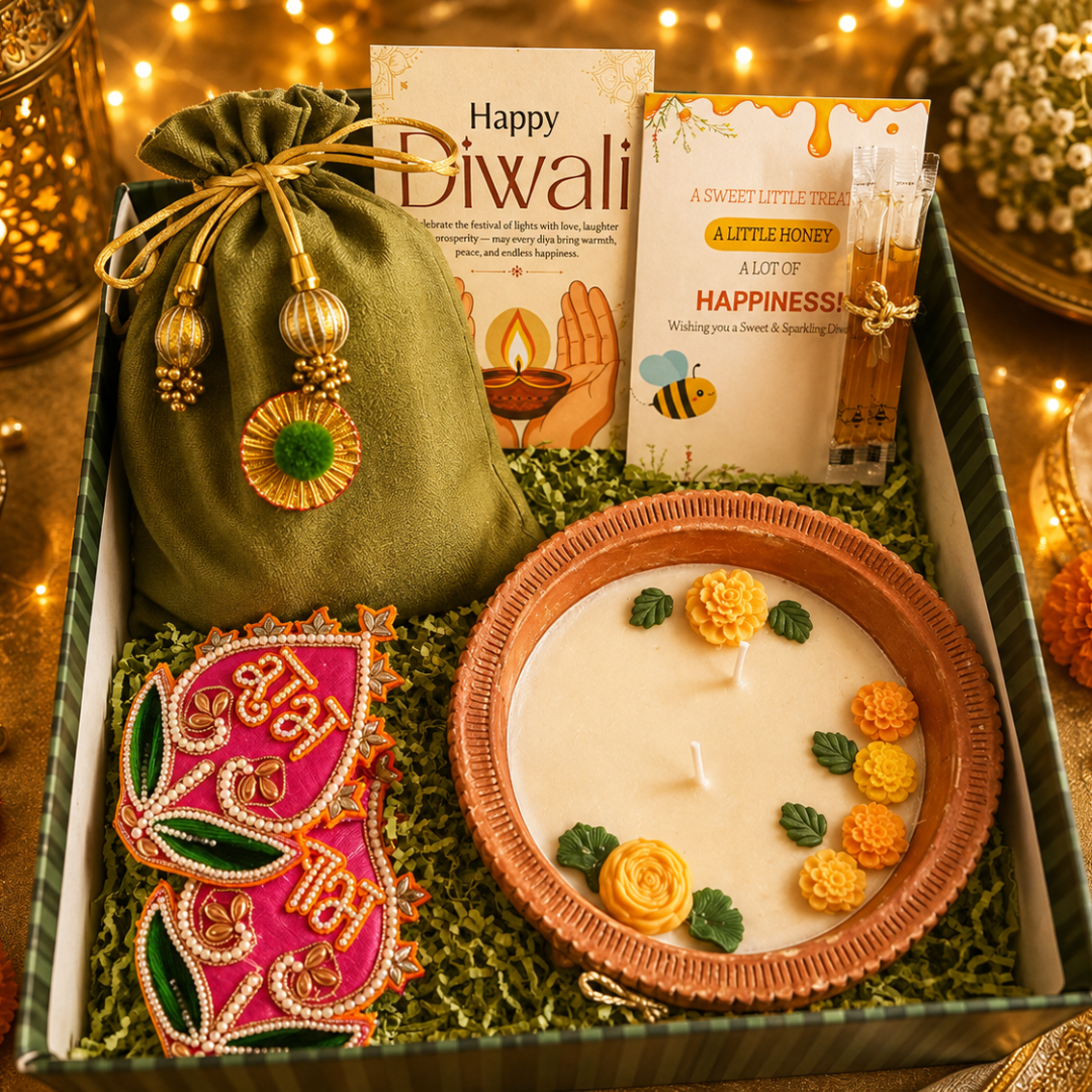 Harit Diwali Celebration Gift Box | Terracotta Candle & Shubh Labh Potli