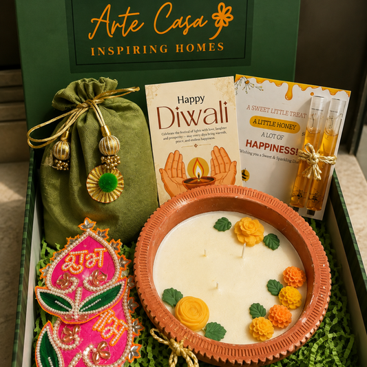 Harit Diwali Celebration Gift Box | Terracotta Candle & Shubh Labh Potli - https://artecasa.in/