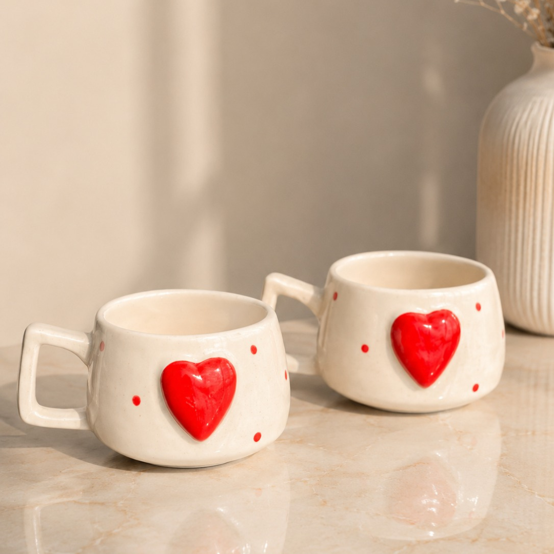 Heartfelt Duo Heart Design Ceramic Mug Set | Set of 2 Heart Mugs