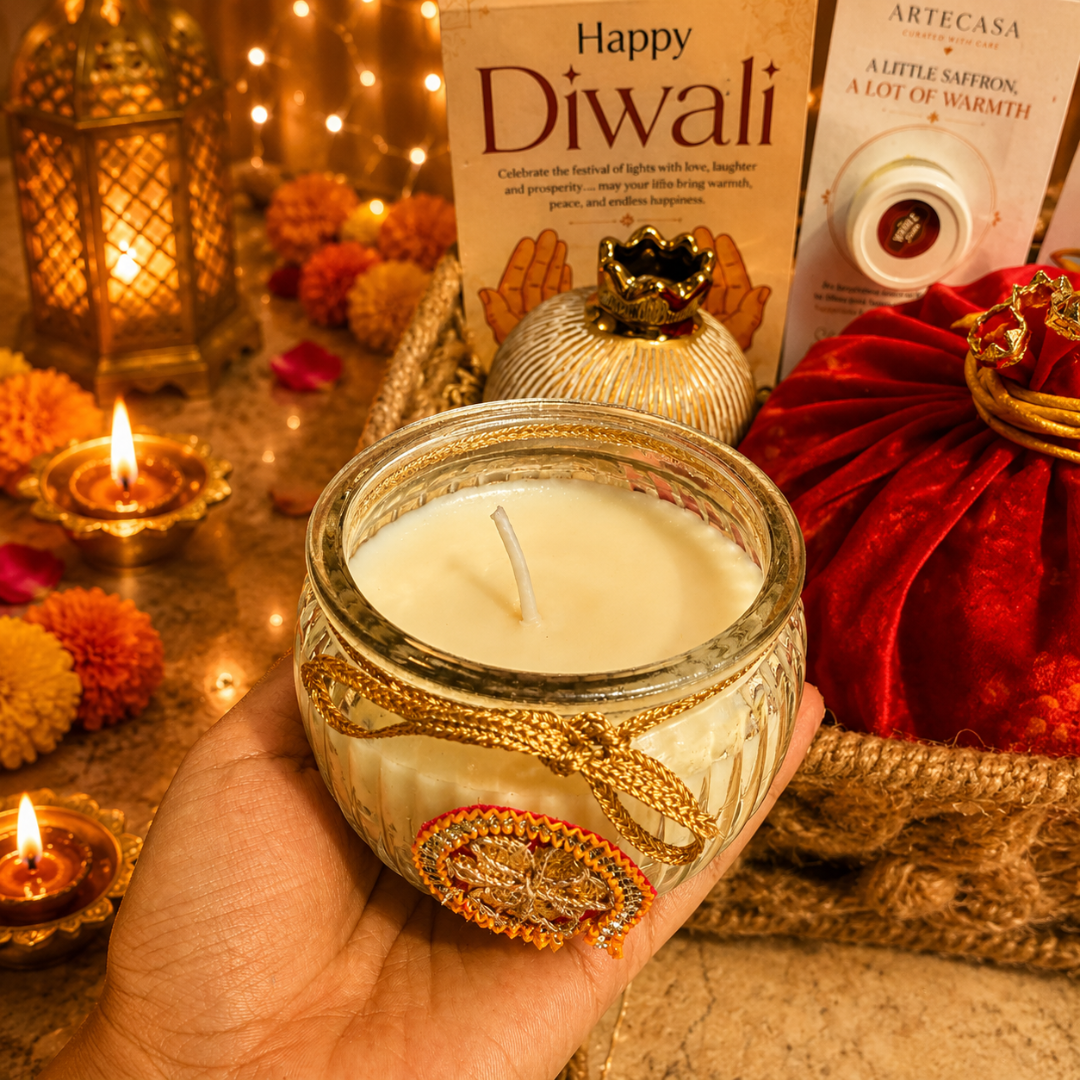 Utsav Jute Net Festive Gift Basket | Red Potli, Pomegranate & Soy Wax Candle