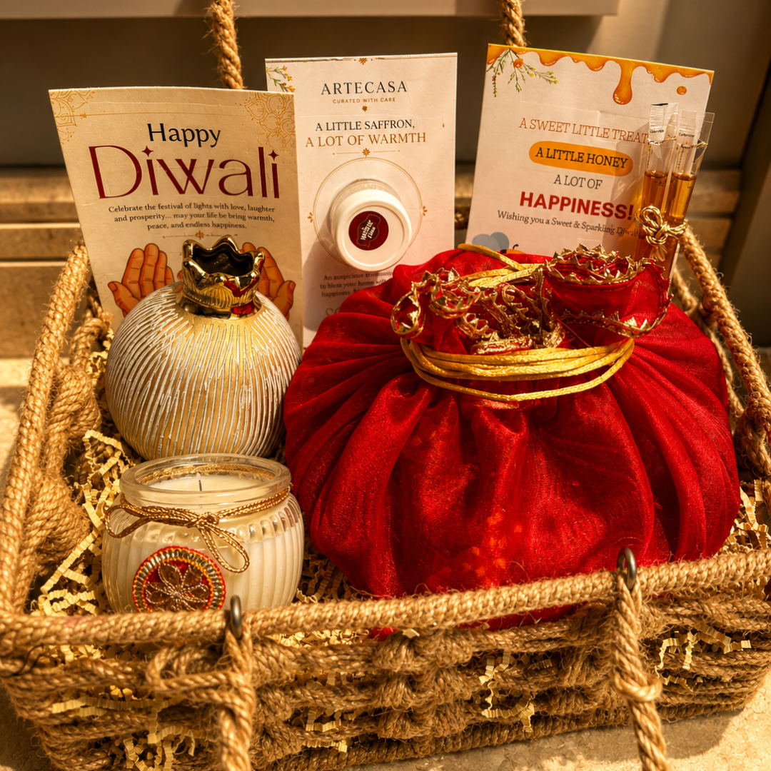Utsav Jute Net Festive Gift Basket | Red Potli, Pomegranate & Soy Wax Candle