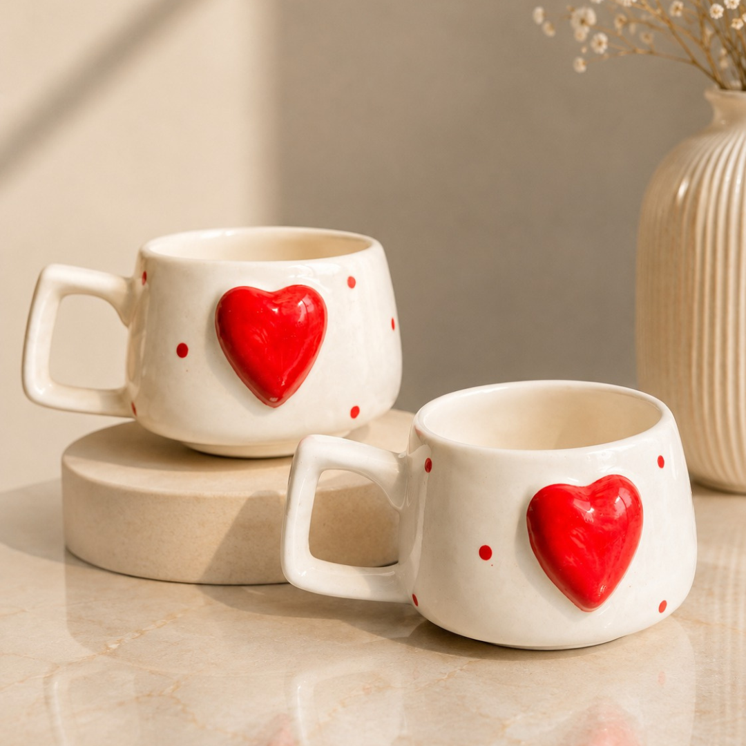 Heartfelt Duo Heart Design Ceramic Mug Set | Set of 2 Heart Mugs