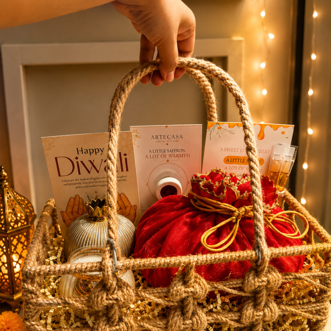 Utsav Jute Net Festive Gift Basket | Red Potli, Pomegranate & Soy Wax Candle