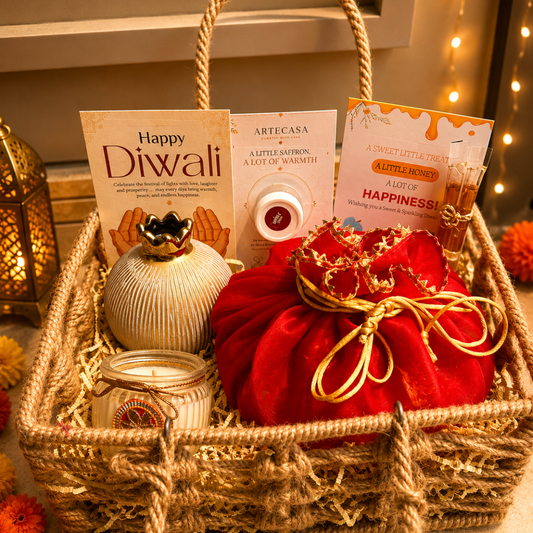 Utsav Jute Net Festive Gift Basket | Red Potli, Pomegranate & Soy Wax Candle - https://artecasa.in/