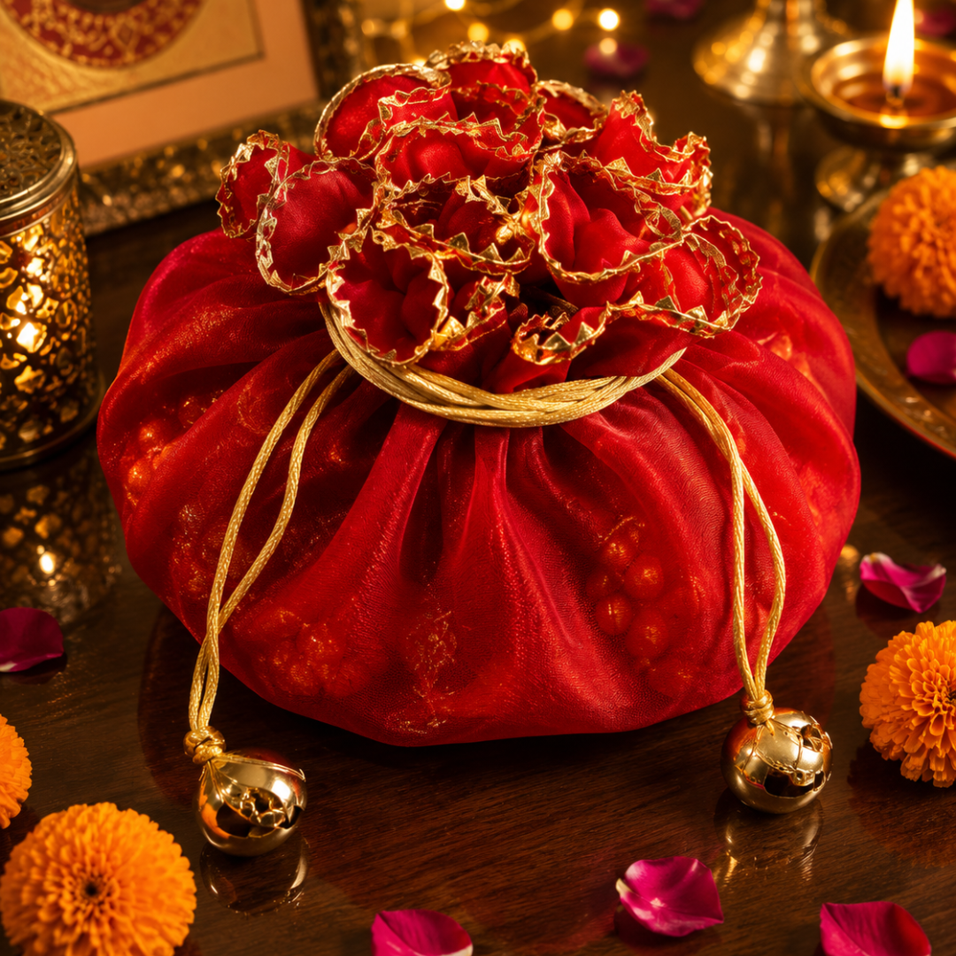 Utsav Jute Net Festive Gift Basket | Red Potli, Pomegranate & Soy Wax Candle