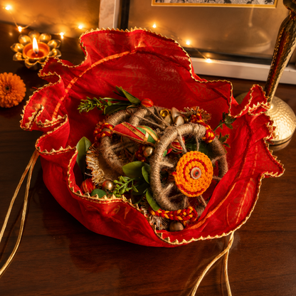 Utsav Jute Net Festive Gift Basket | Red Potli, Pomegranate & Soy Wax Candle