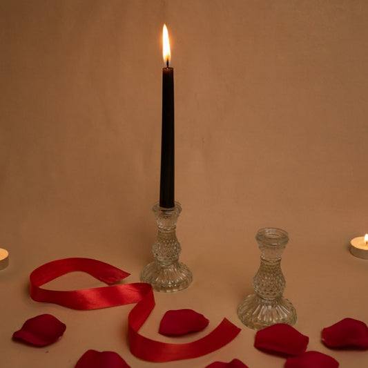black taper candle set, midnight flame candle, luxury candle stand, modern home decor candle, artecasa decor, romantic candle set