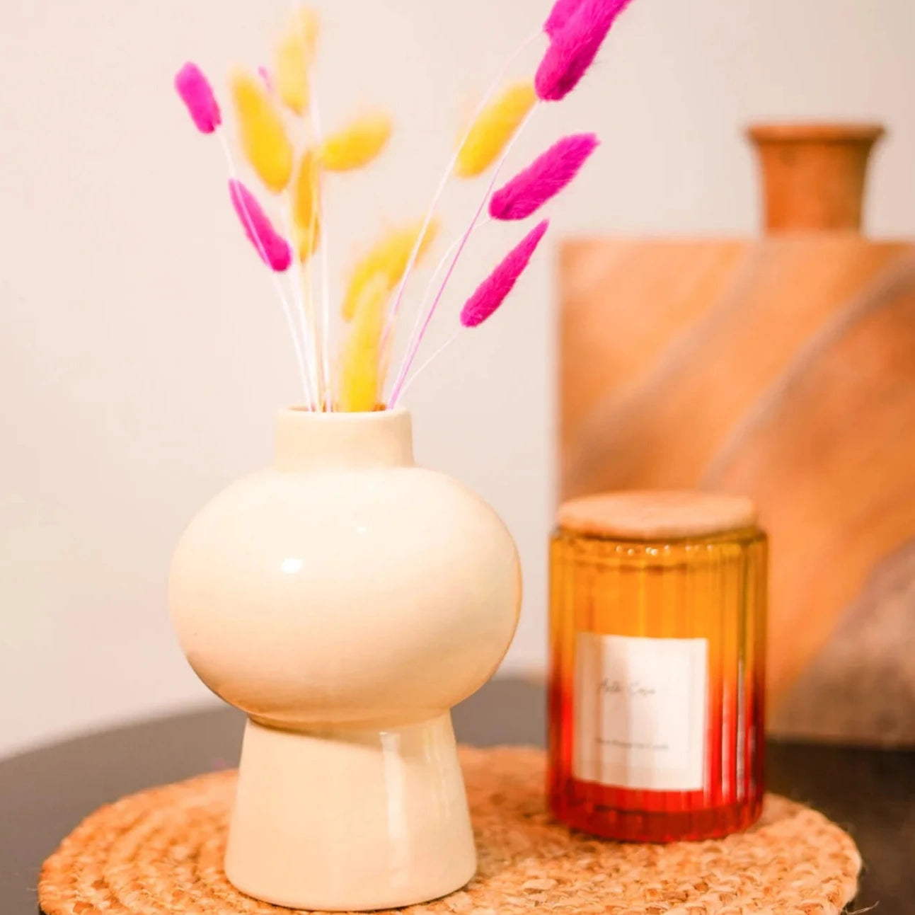 Mushroom vase with coloured bunny tails - https://artecasa.in/