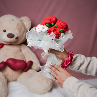 Radiant Red Rose Bloom – Handcrafted Crochet  with LED Glow | ArteCasa