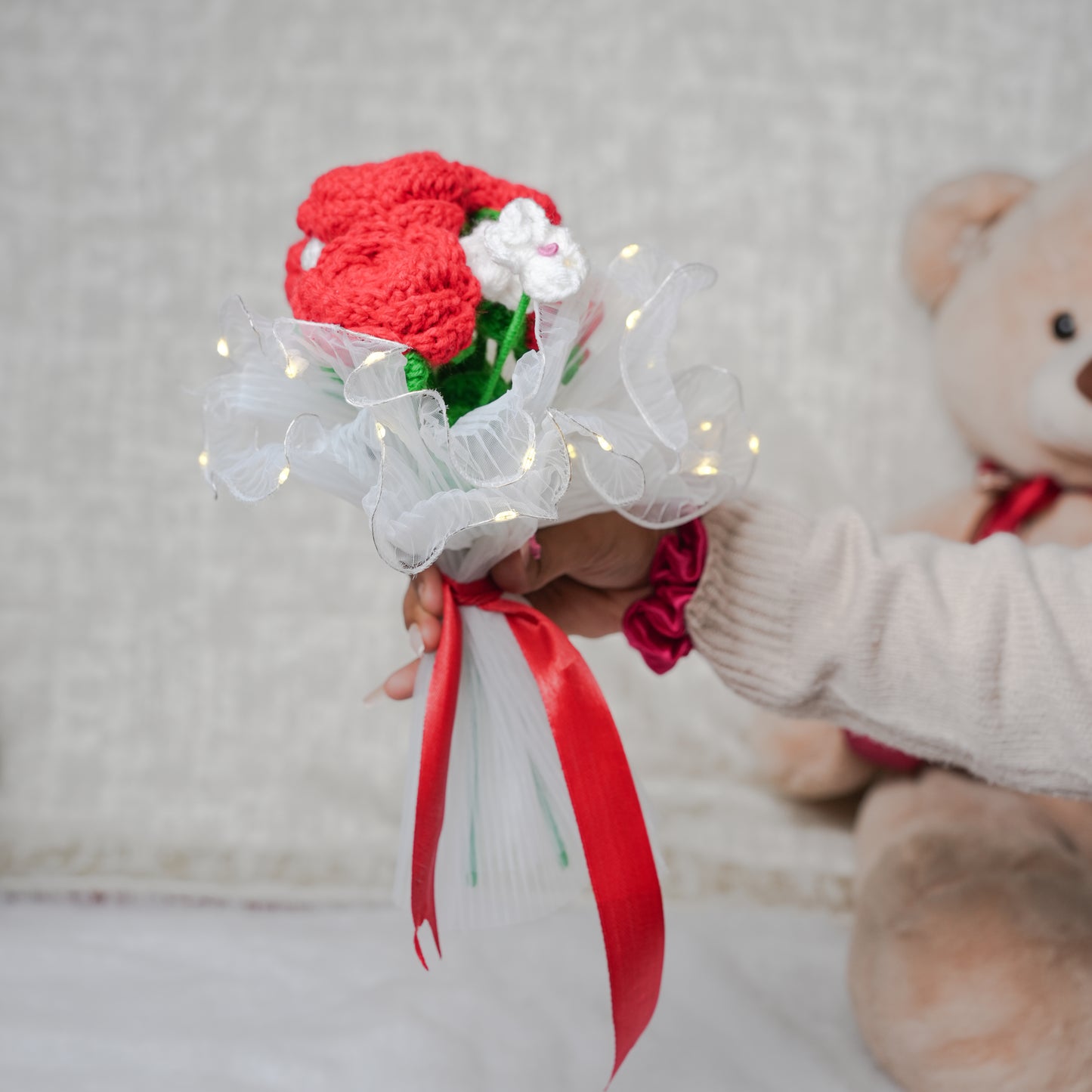 Radiant Red Rose Bloom – Handcrafted Crochet  with LED Glow | ArteCasa