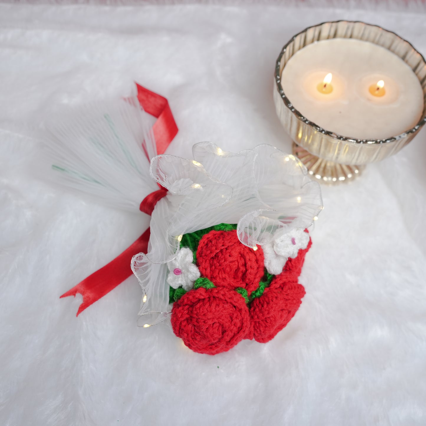 Radiant Red Rose Bloom – Handcrafted Crochet  with LED Glow | ArteCasa