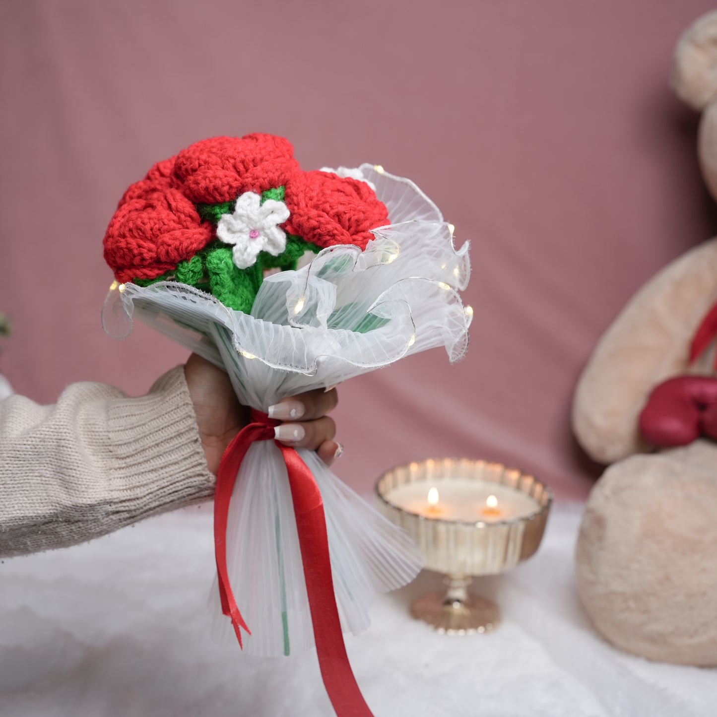 Radiant Red Rose Bloom – Handcrafted Crochet  with LED Glow | ArteCasa