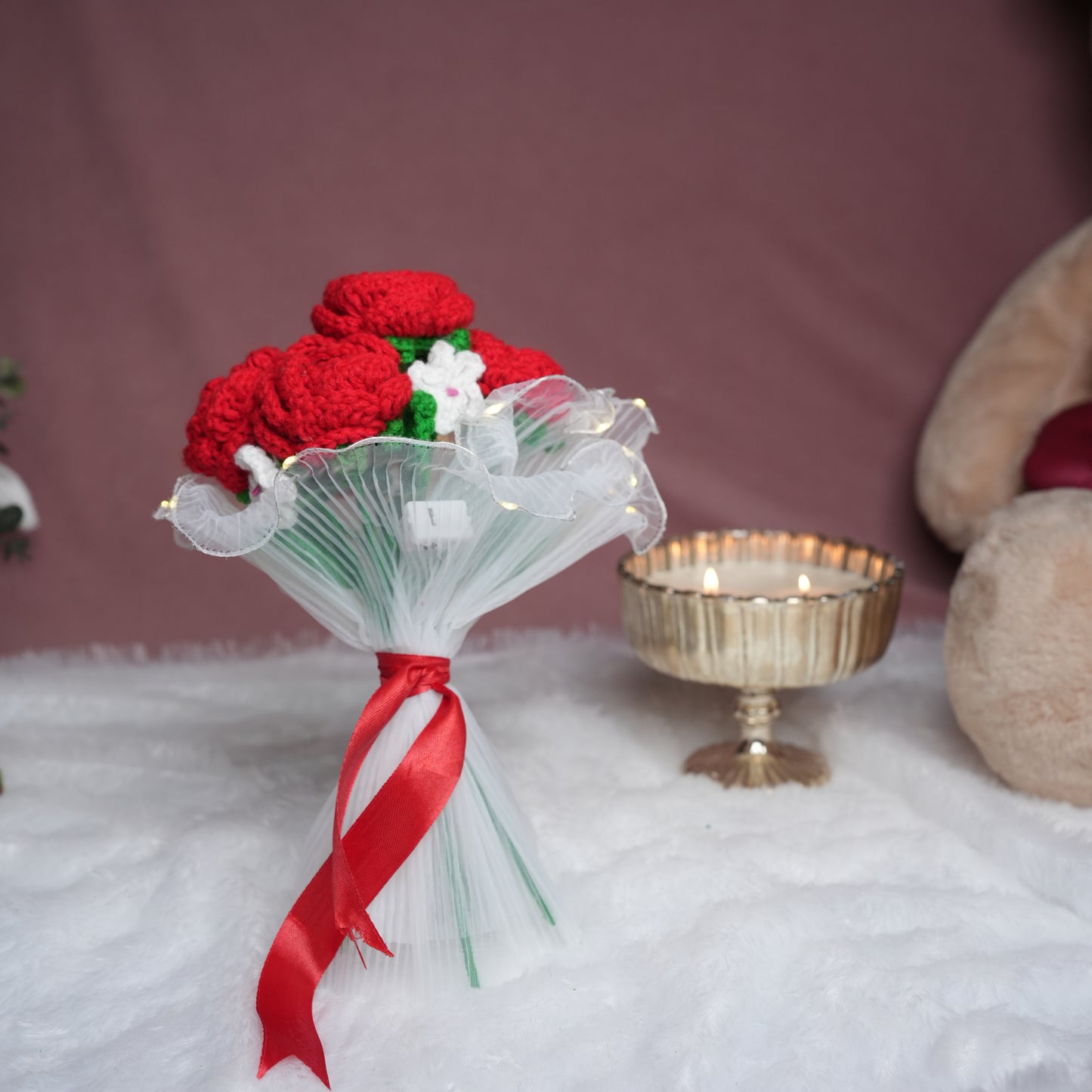 Radiant Red Rose Bloom – Handcrafted Crochet  with LED Glow | ArteCasa