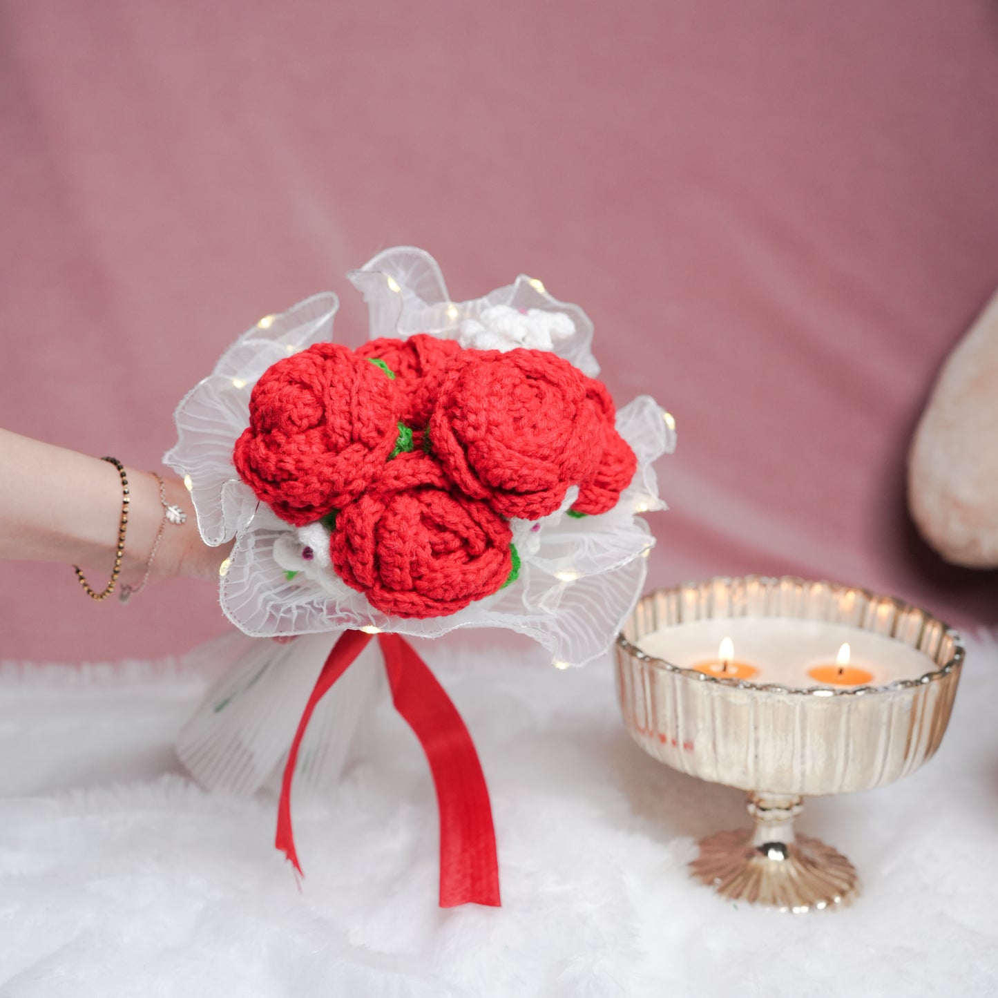 Radiant Red Rose Bloom – Handcrafted Crochet  with LED Glow | ArteCasa