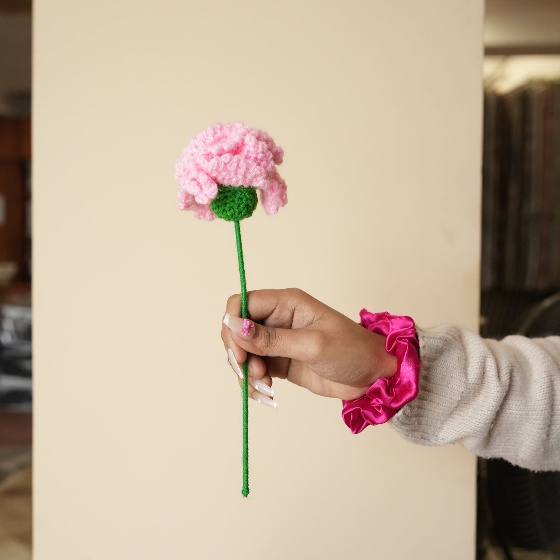 pink carnation crochet flower handcrafted decor by artecasa